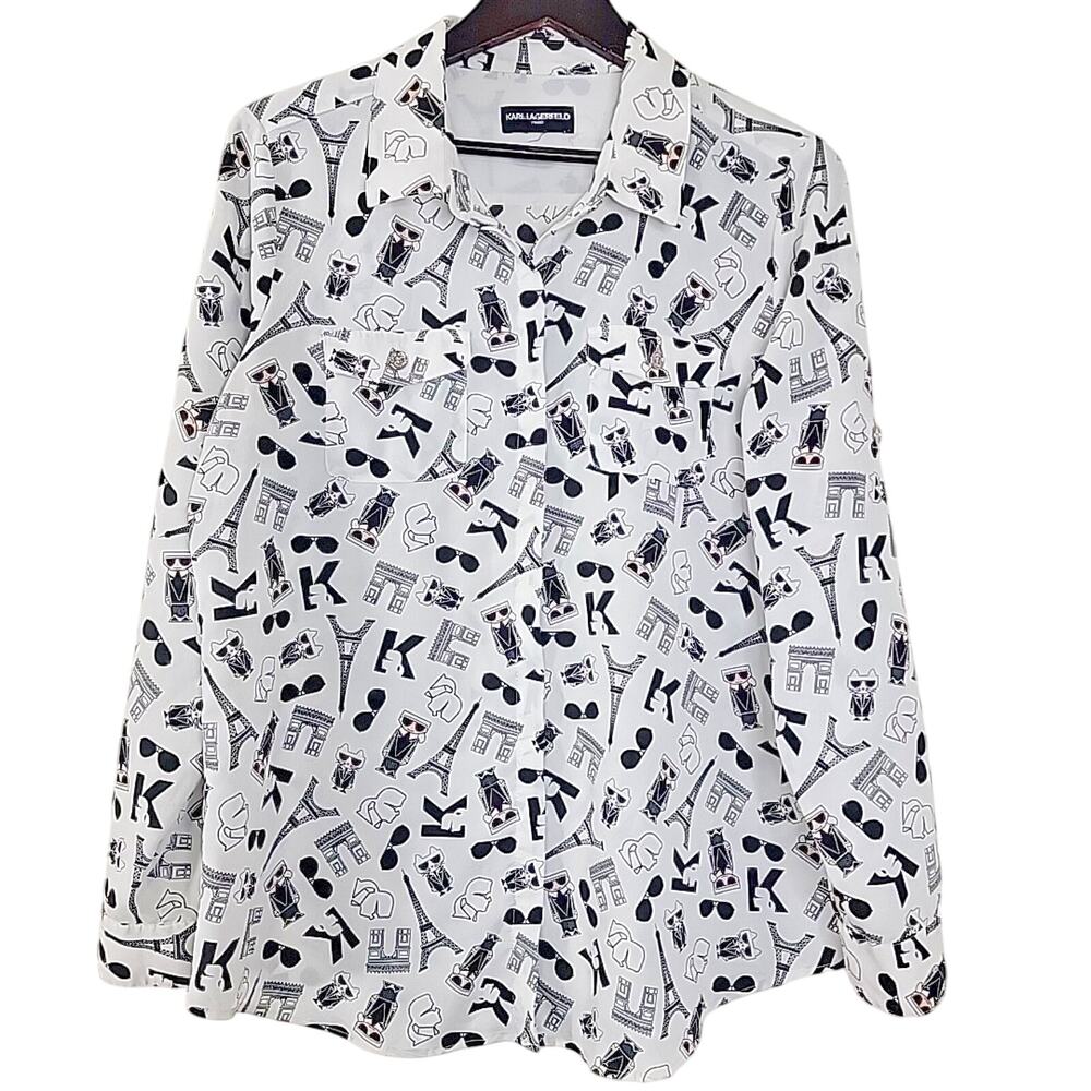 Karl Lagerfeld Paris Cat Print Button Up Shirt Pink Accents Roll Tab Sleeve L Fi